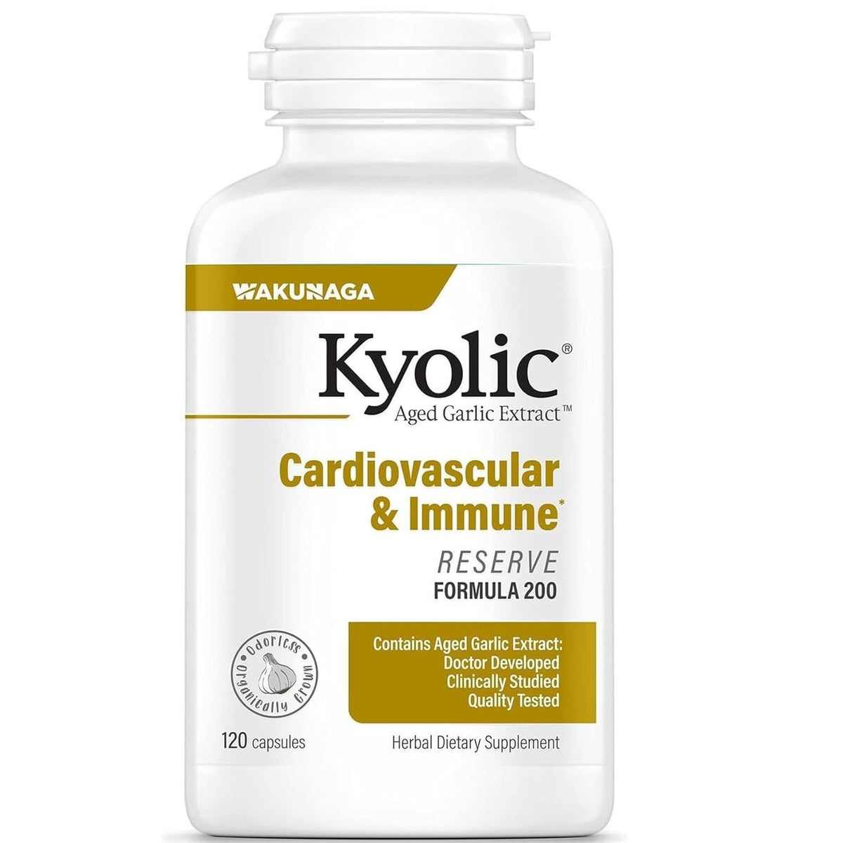 Kyolic Reserve bottle displays aged garlic extract for cardiovascular support.