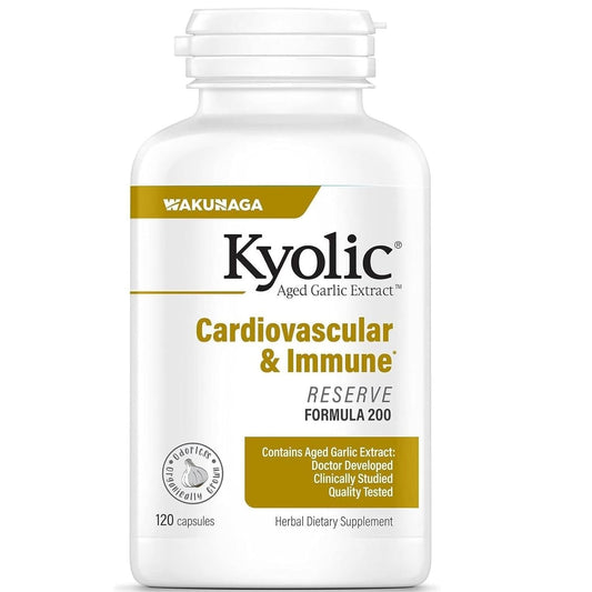 Kyolic Reserve bottle displays aged garlic extract for cardiovascular support.