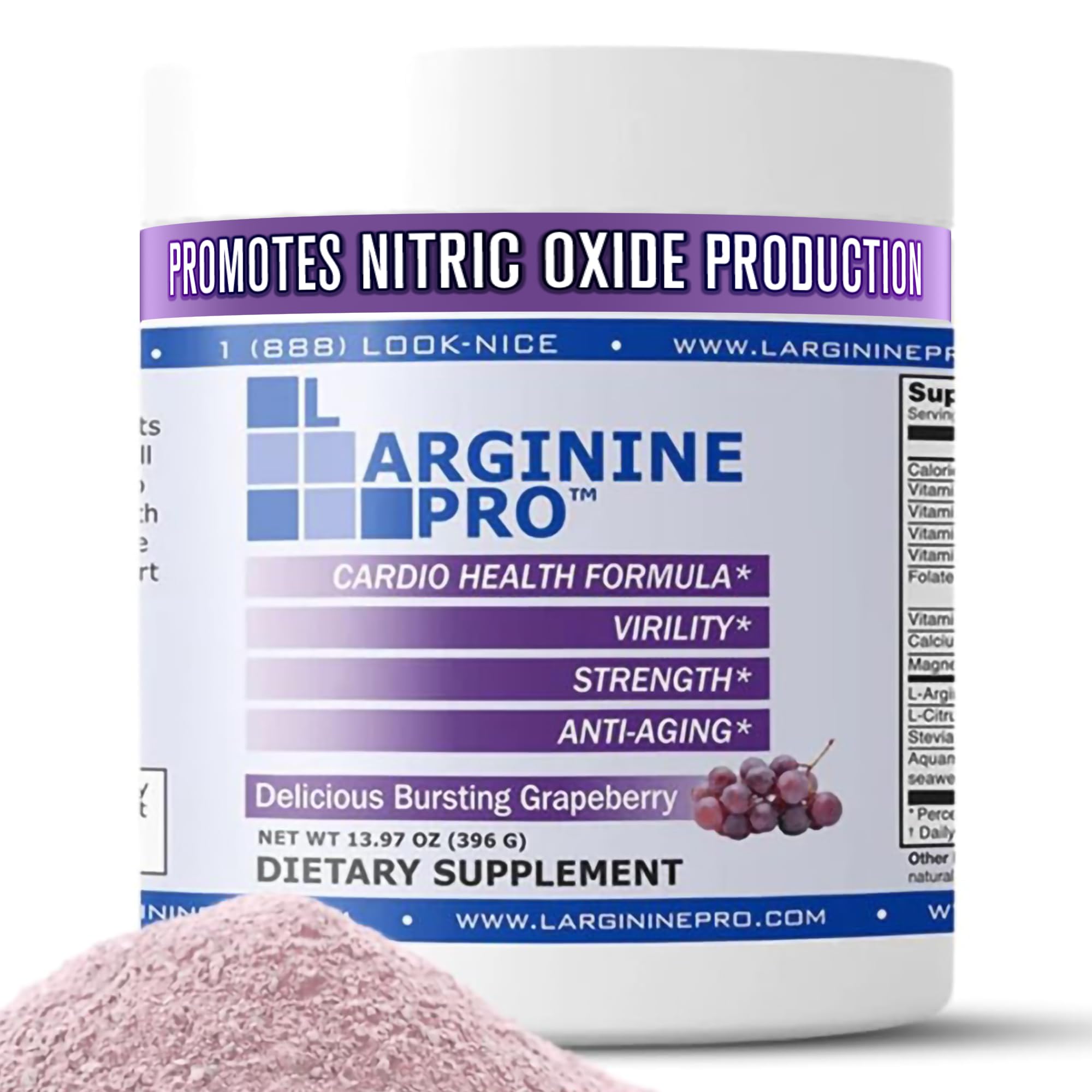 L-ARGININE PRO grapeberry bottle pour showing flavor and energy support.