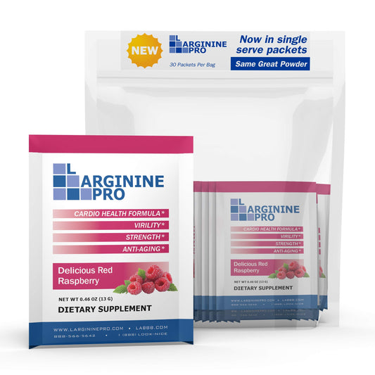 L-Arginine Pro grapeberry packet close-up highlights flavor and daily performance potential