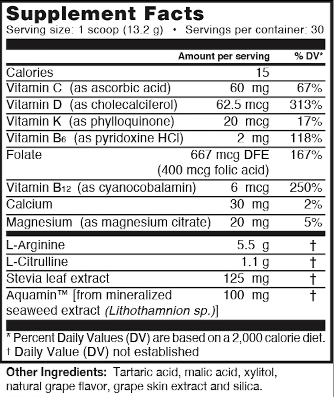 L-ARGININE PRO grapeberry powder in glass highlighting mixability.