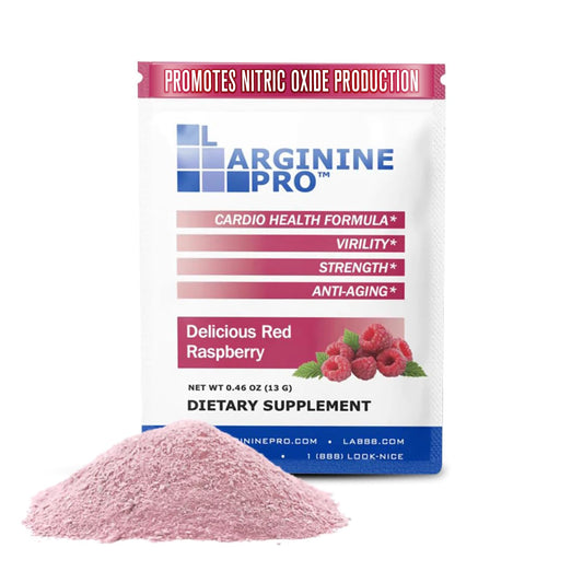 L-Arginine Pro raspberry packet pour shows convenient on-the-go serving for energy support