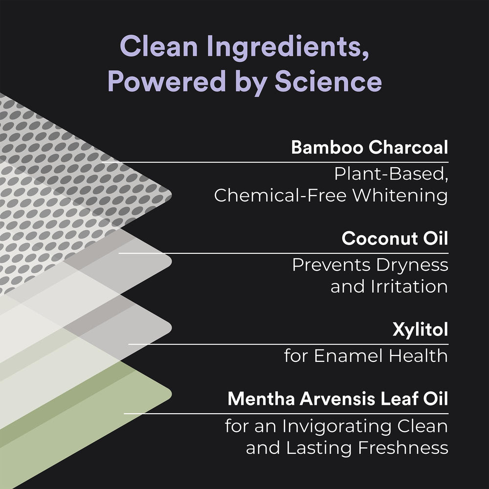 Close-up shows bamboo charcoal texture for a plant-based whitening impression.