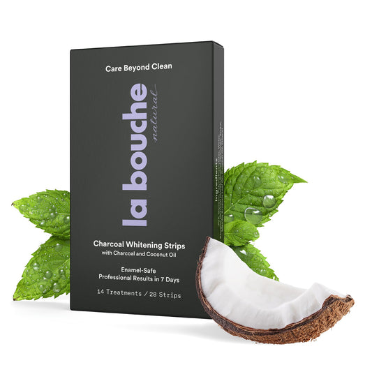 La Bouche Natural Charcoal Strips packaging highlights a natural whitening solution for daily upkeep.
