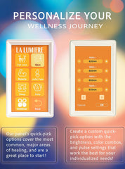 La Lumiere Therapy 9-wavelength graphic showing Amber, Blue, Red, and NIR options.