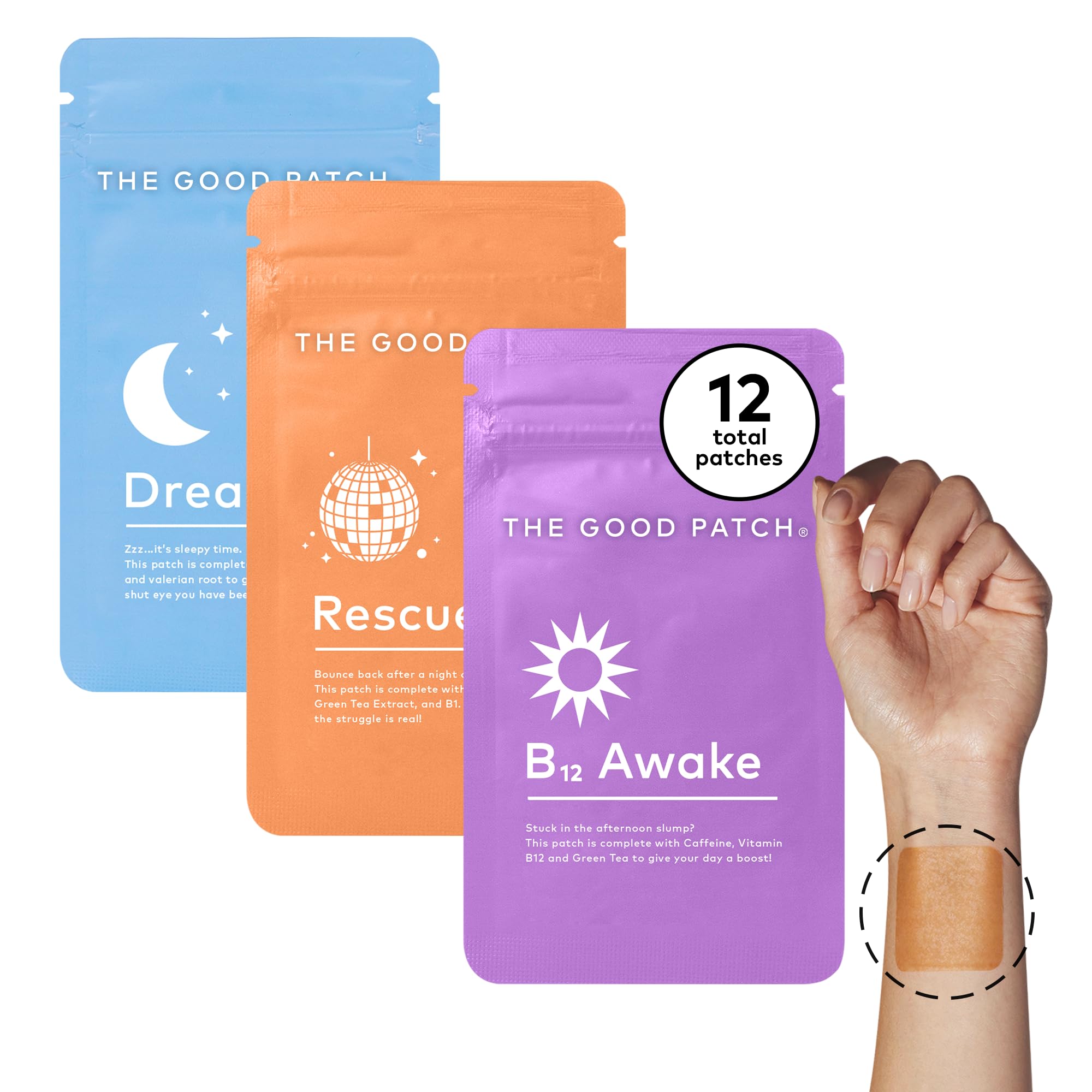 LA MEND Good Patch Awake B12 applied to skin for a morning energy lift.