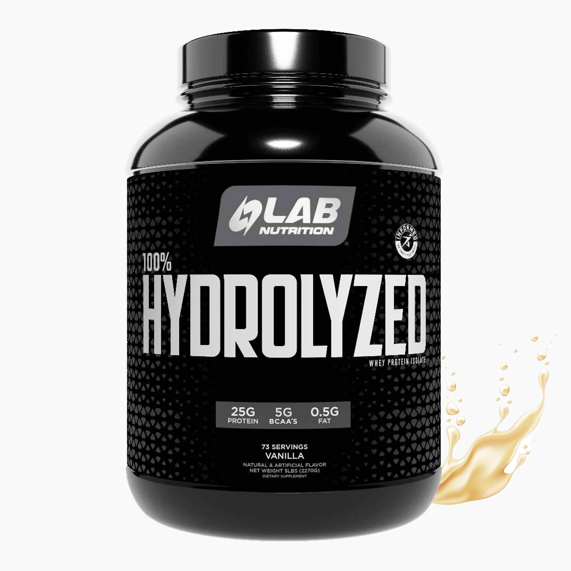 LAB NUTRITION 100% Hydrolyzed Whey vanilla bottle for quick post-workout protein