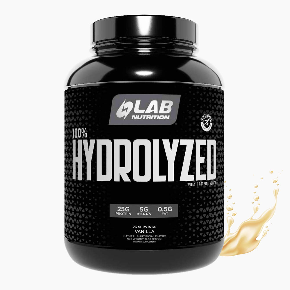 LAB NUTRITION 100% Hydrolyzed Whey vanilla bottle for quick post-workout protein