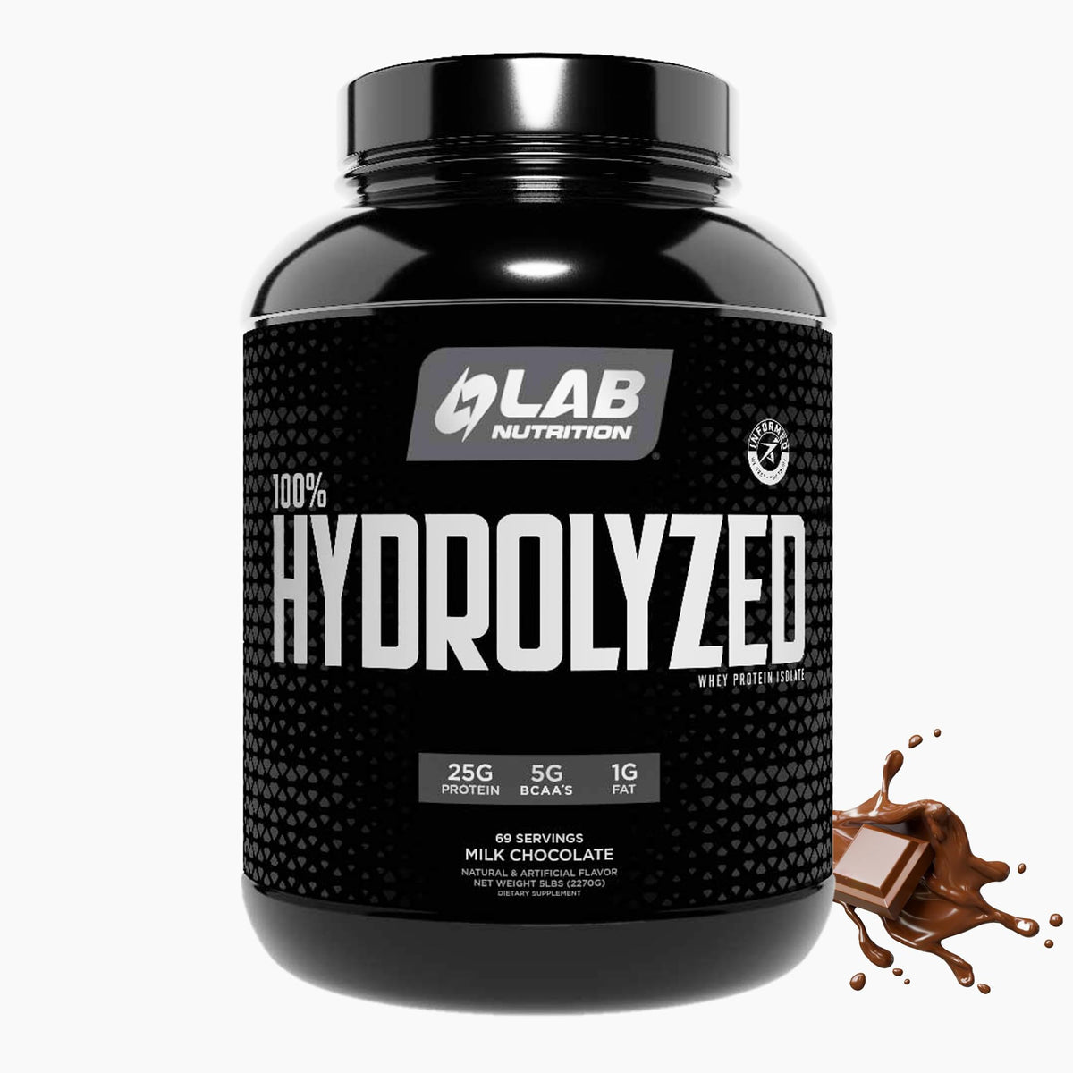 LAB NUTRITION hydrolyzed whey isolate bottle close-up for pure, fast-absorbing protein.