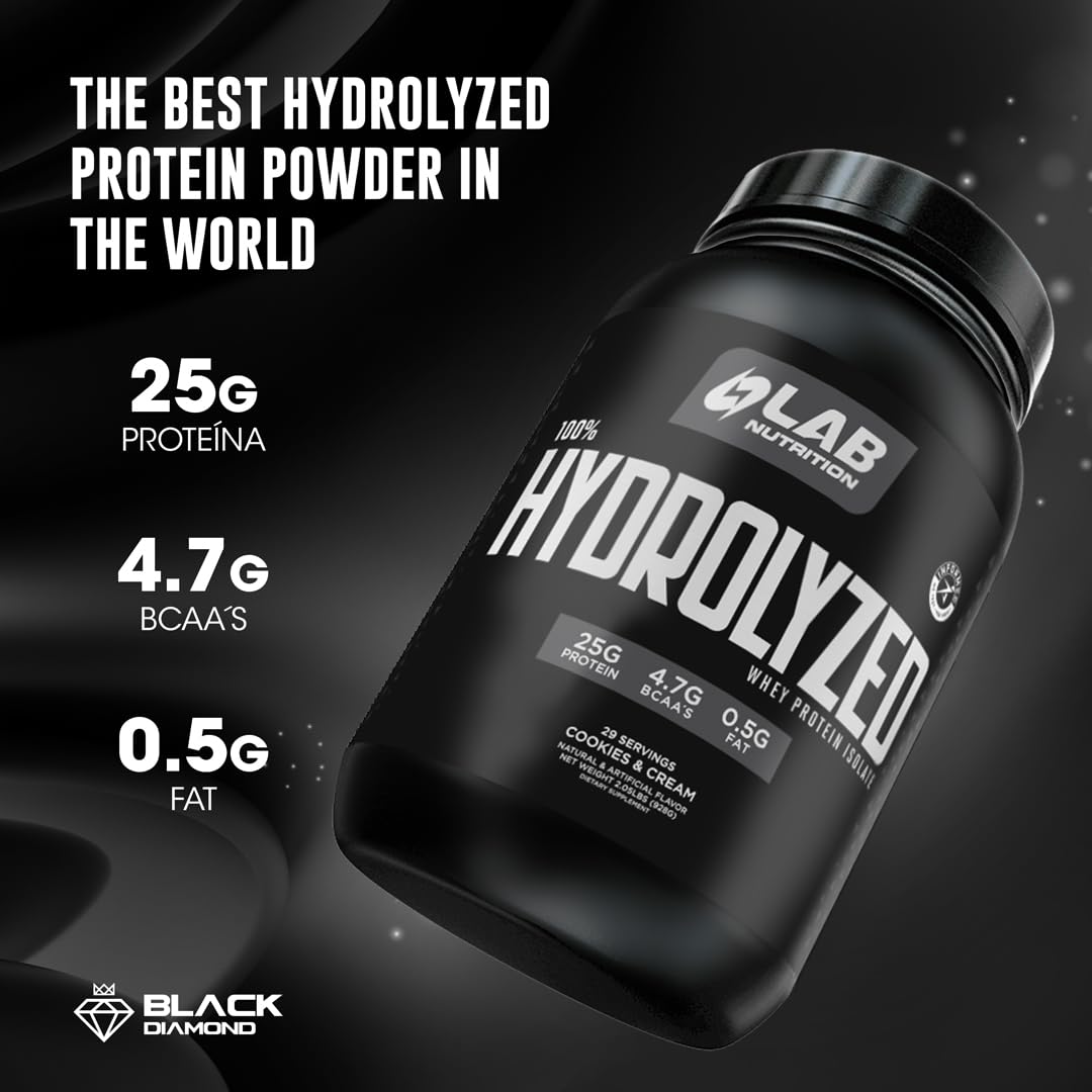 LAB NUTRITION Vanilla whey protein being poured into a shaker for fast absorption