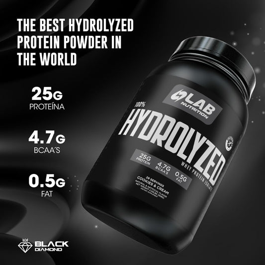 LAB NUTRITION Vanilla whey protein being poured into a shaker for fast absorption