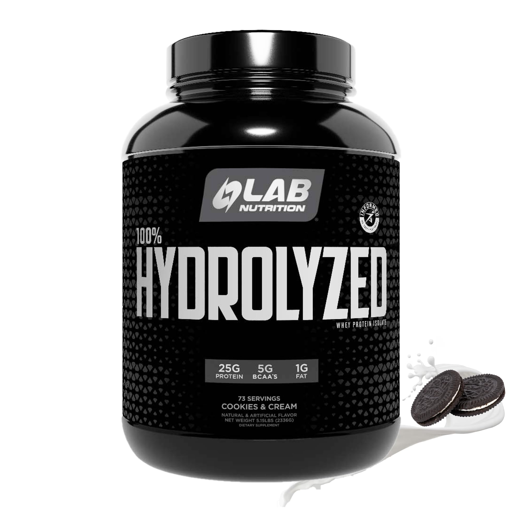 LAB NUTRITION whey hydrolyzed bottle shows fast absorbing protein for post-workout use