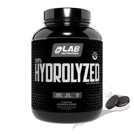 LAB NUTRITION whey hydrolyzed bottle shows fast absorbing protein for post-workout use