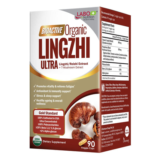 LABO Nutrition Bioactive Lingzhi Reishi Ultra bottle with capsules for daily vitality.