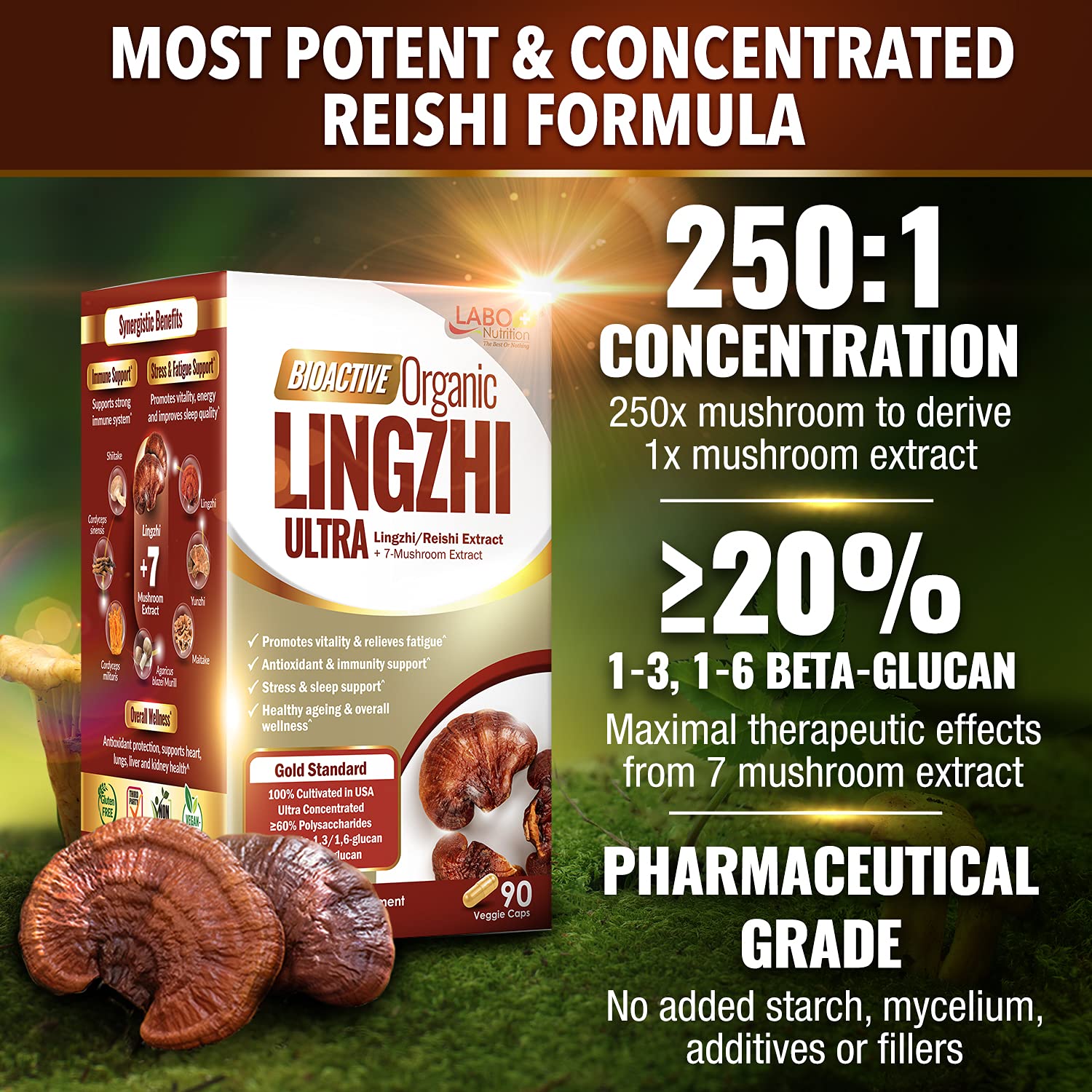 LABO Nutrition Bioactive Lingzhi Reishi Ultra label shows USDA Organic and vegan status.