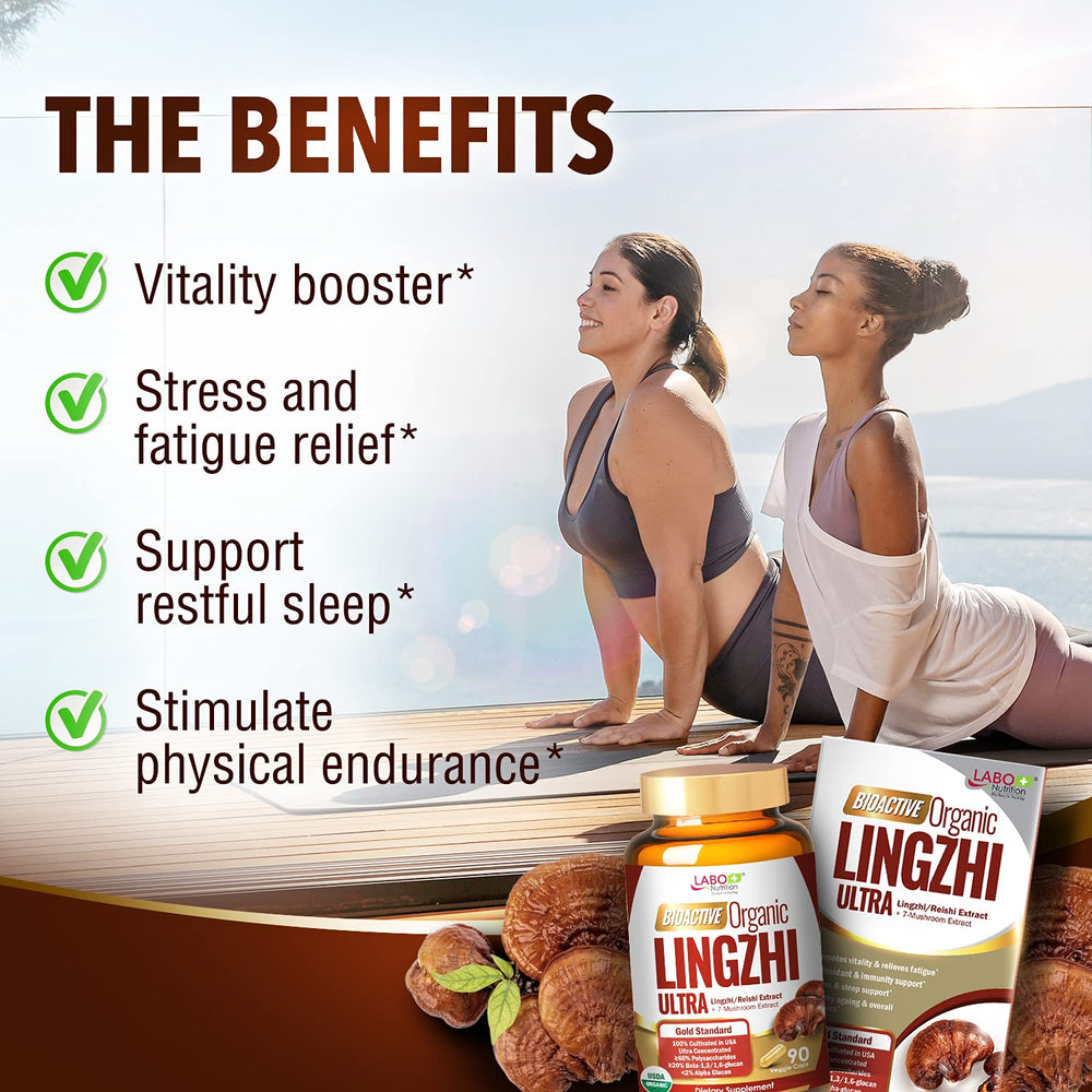 LABO Nutrition Bioactive Lingzhi Reishi Ultra seven-mushroom blend highlights premium organic ingredients.