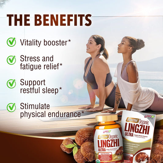 LABO Nutrition Bioactive Lingzhi Reishi Ultra seven-mushroom blend highlights premium organic ingredients.