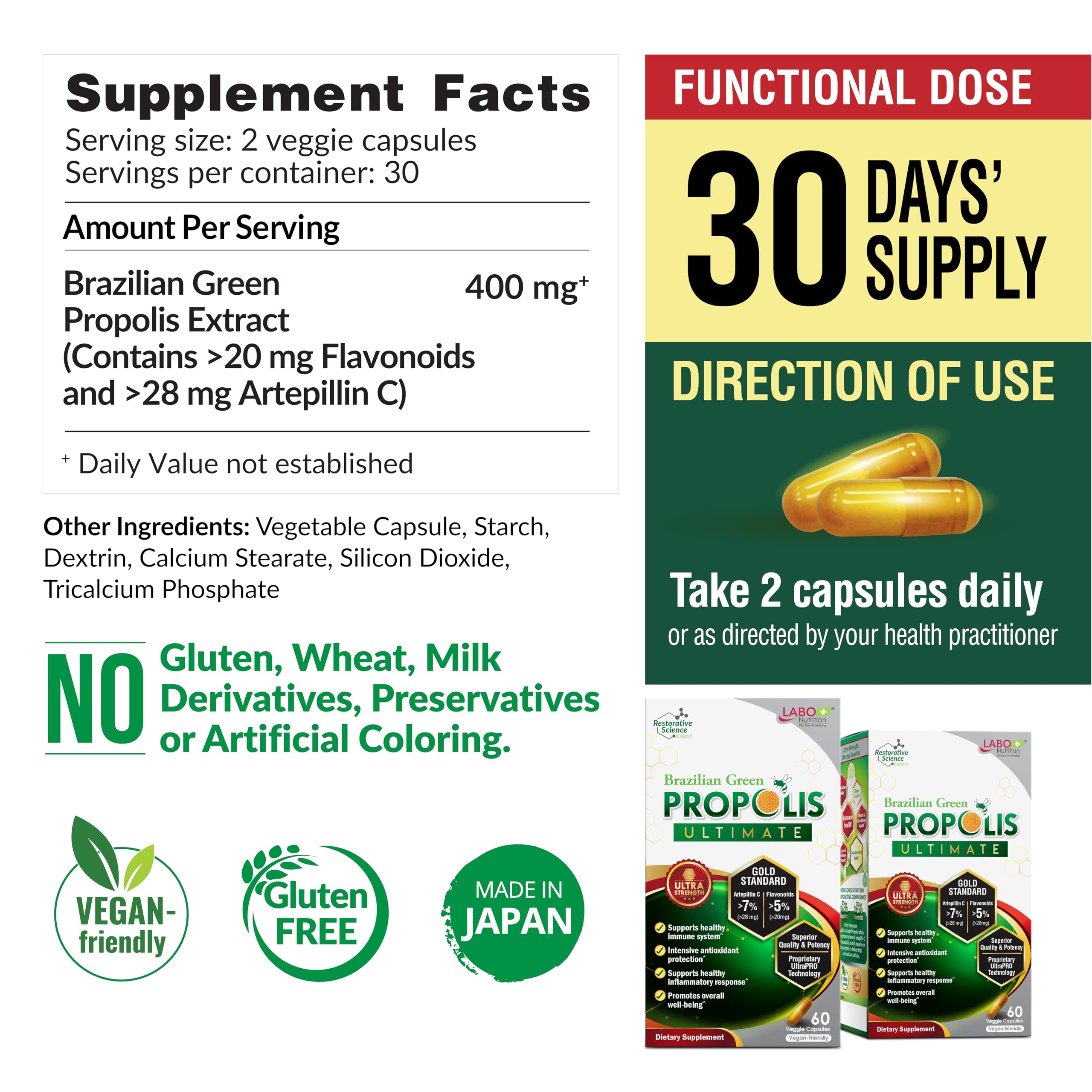 LABO Nutrition Brazilian Green Propolis Ultimate capsules for easy daily intake.