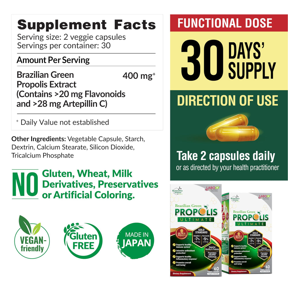 LABO Nutrition Brazilian Green Propolis Ultimate capsules for easy daily intake.