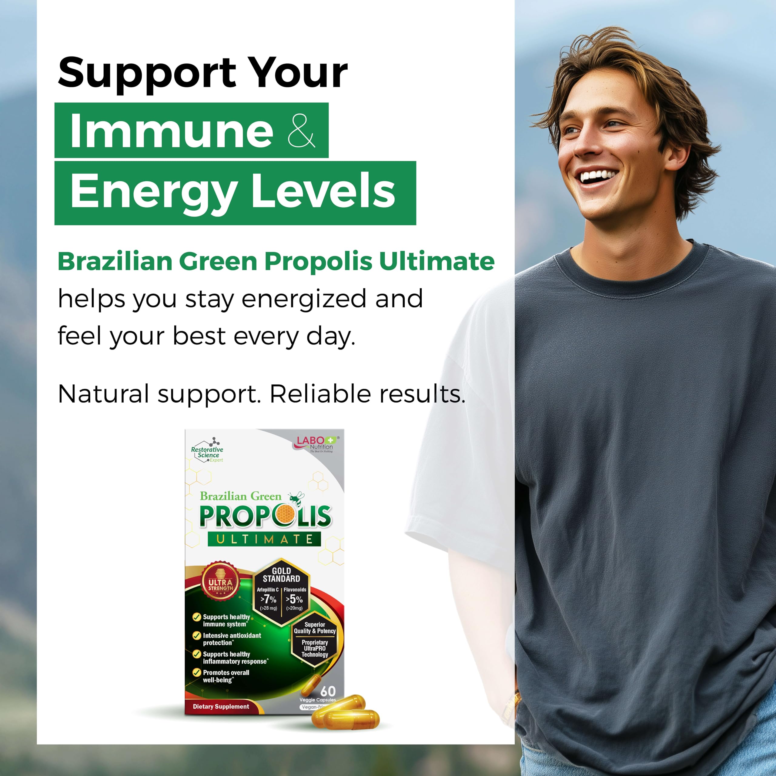 LABO Nutrition Brazilian Green Propolis Ultimate daily-use capsules in hand.