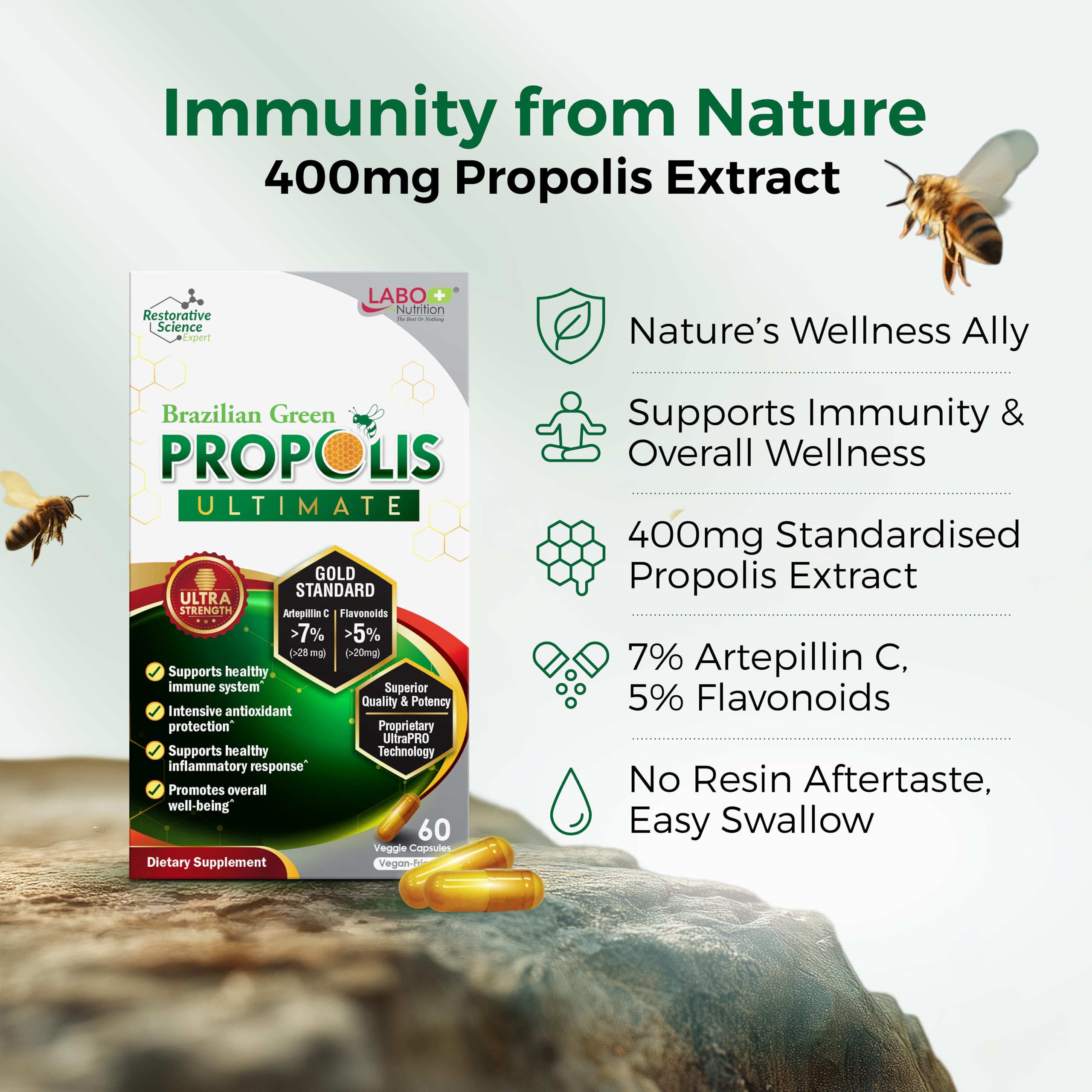 LABO Nutrition Brazilian Green Propolis Ultimate label close-up with artepillin C data.