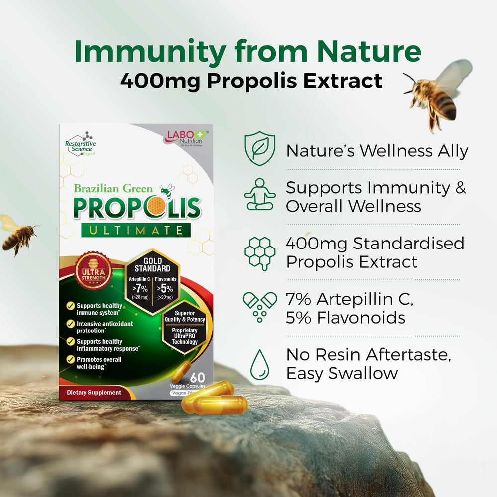 LABO Nutrition Brazilian Green Propolis Ultimate label close-up with artepillin C data.