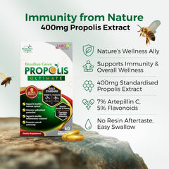 LABO Nutrition Brazilian Green Propolis Ultimate label close-up with artepillin C data.