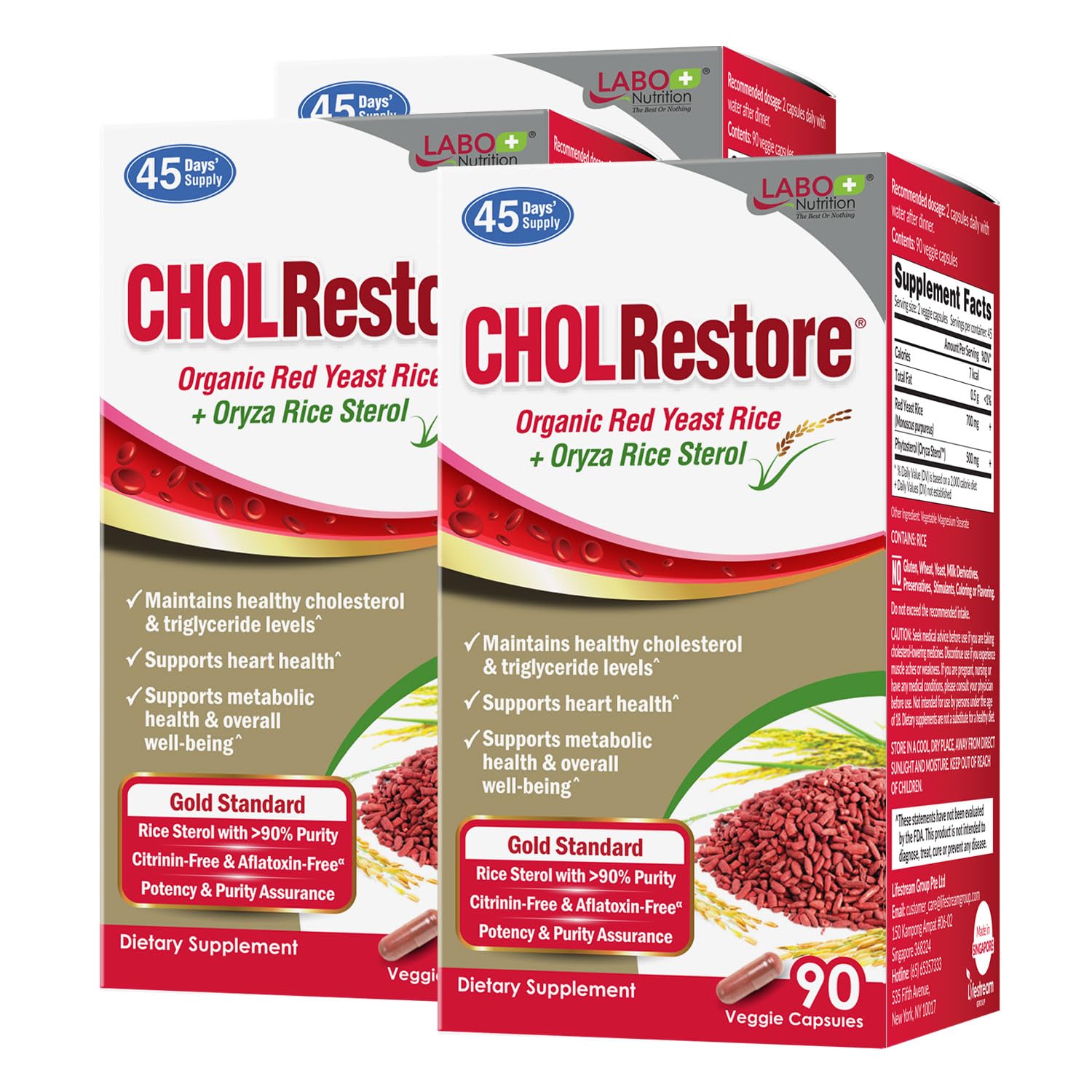 LABO Nutrition CHOLRestore red yeast rice capsules support healthy cholesterol and triglyceride levels.