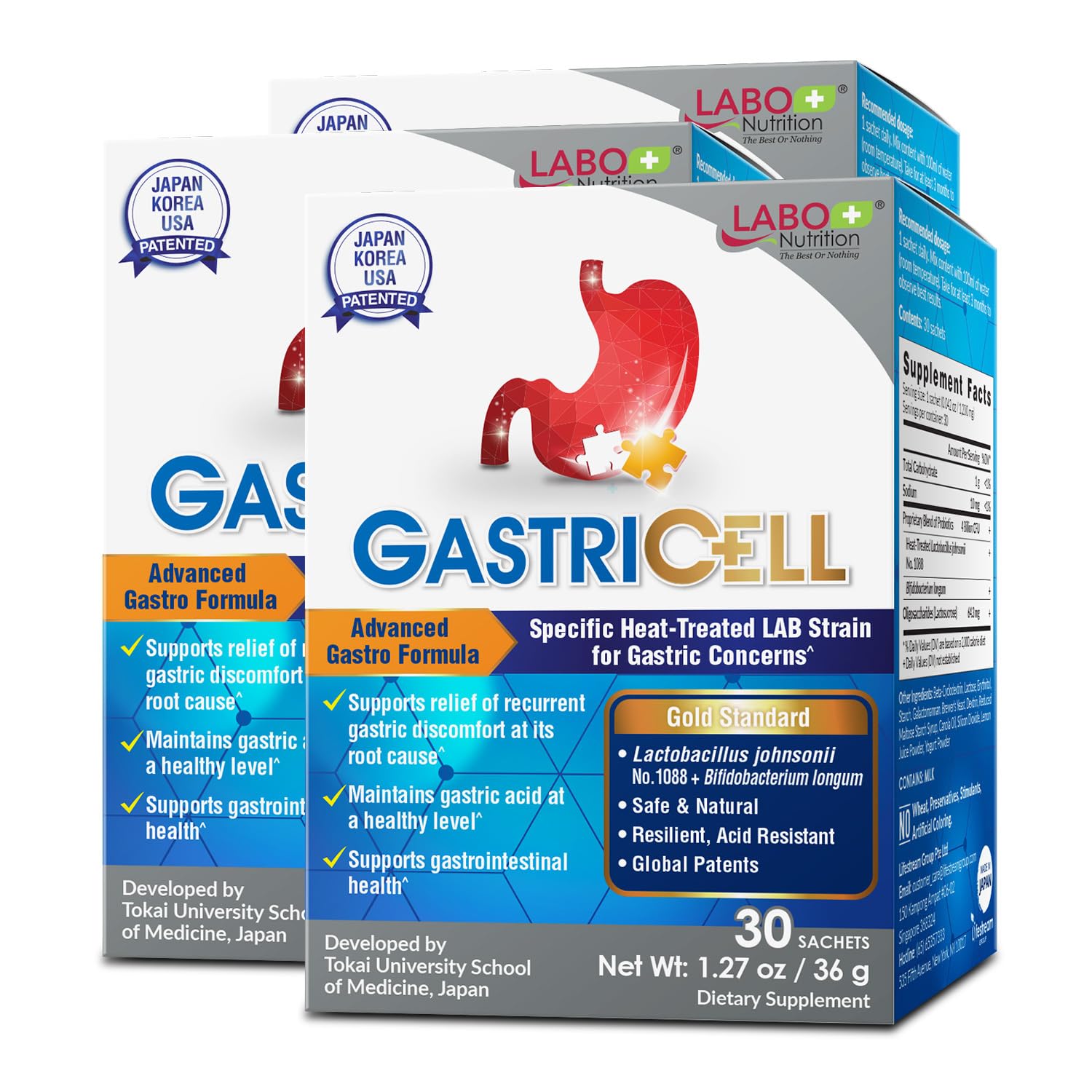LABO Nutrition GASTRICELL tripack packaging for easy daily use and gastric balance.