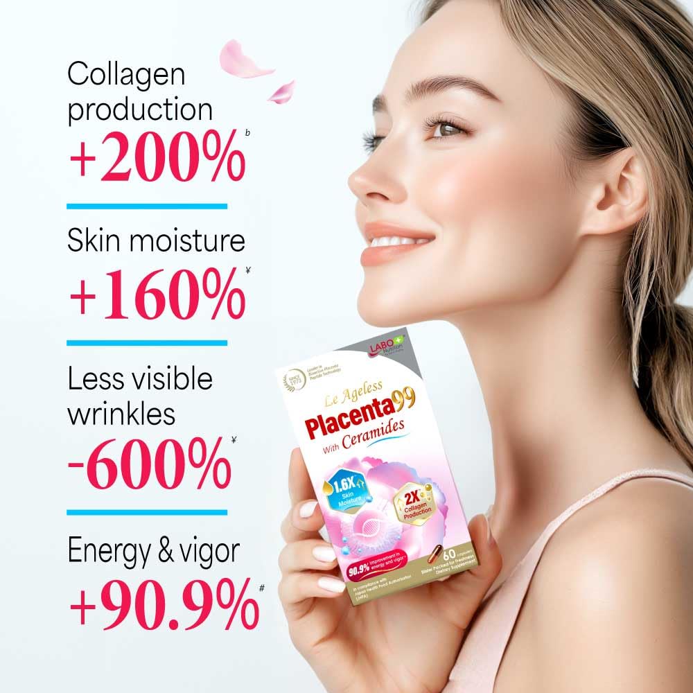 LABO Nutrition Le Ageless Placenta 99 ingredients close-up showing ceramides and peptides
