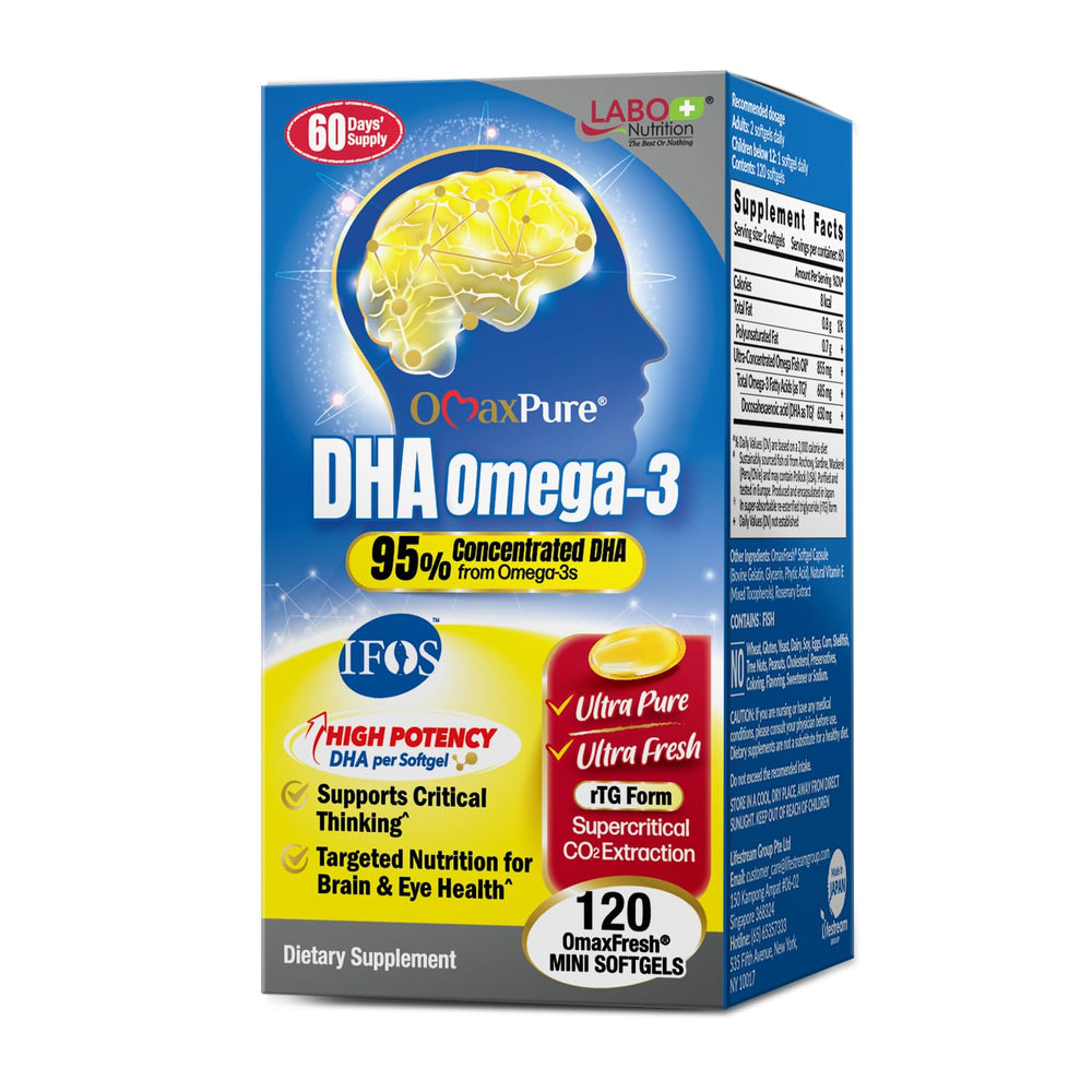 LABO Nutrition OmaxPure DHA capsule close-up highlighting high-strength DHA for daily brain support.