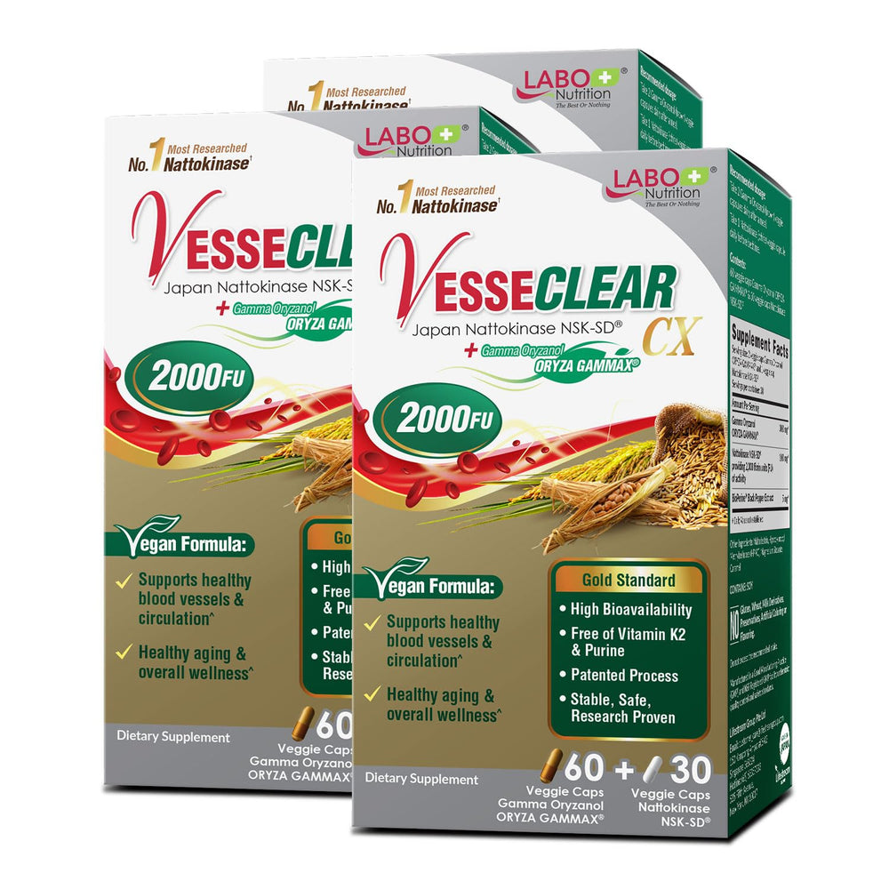 LABO Nutrition VesseCLEAR CX bottle label highlights nattokinase potency for vascular support.