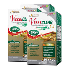 LABO Nutrition VesseCLEAR CX bottle label highlights nattokinase potency for vascular support.