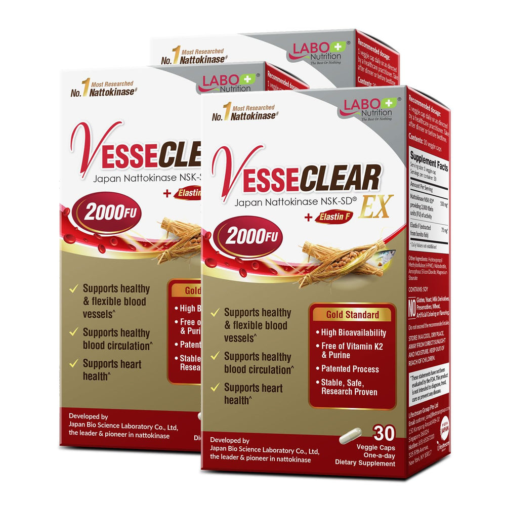 LABO Nutrition VesseCLEAR EX bottle close-up for arterial elasticity support.
