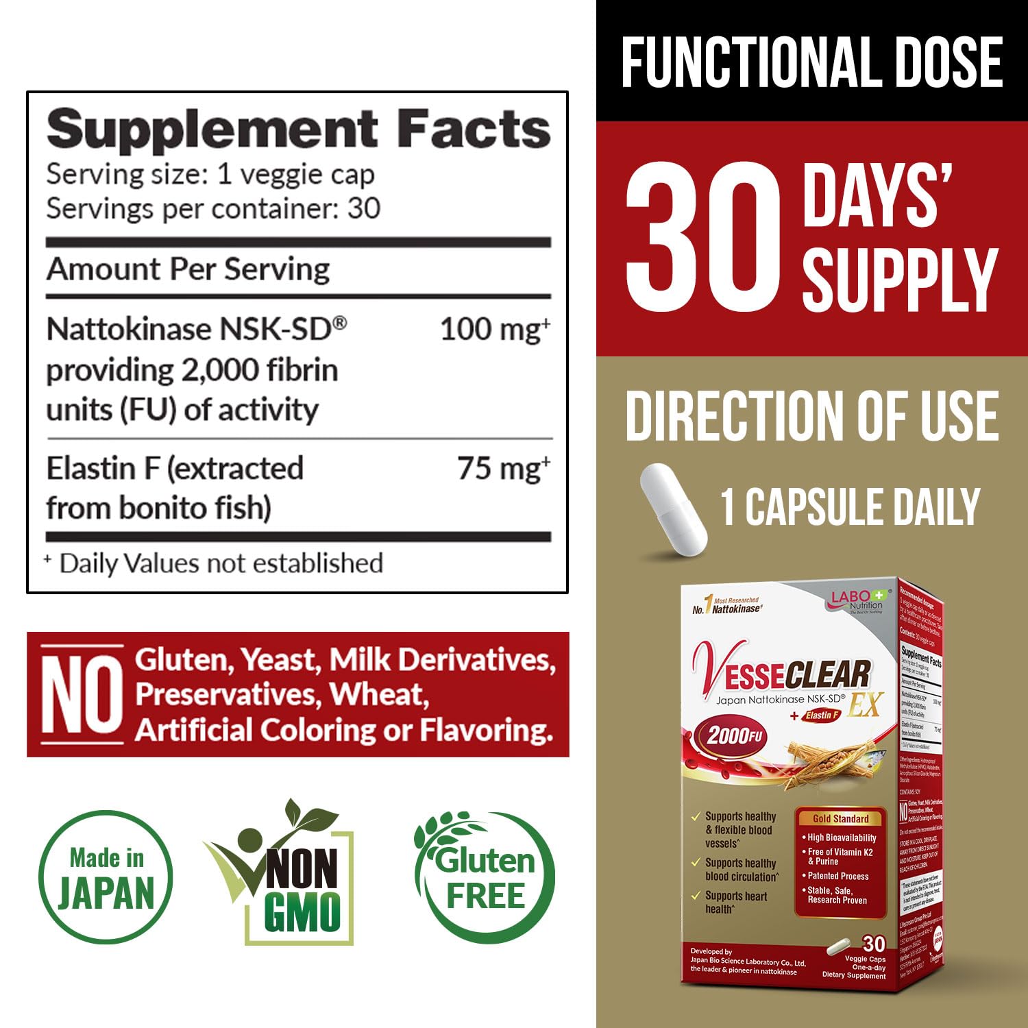 Close-up of capsules showing NSK-SD nattokinase and Elastin F ingredients.