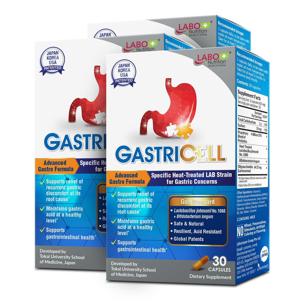 LABO Nutrition GASTRICELL bottle label signals a postbiotic for digestive balance.