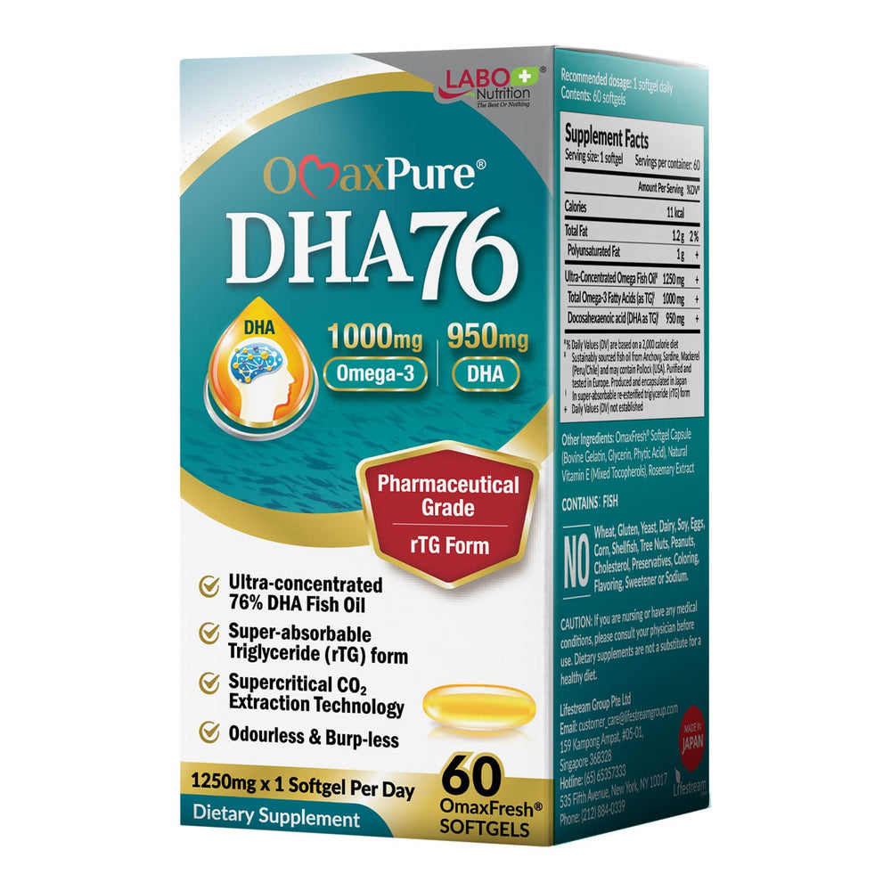LABO Nutrition OmaxPure DHA76 bottle with softgels supports heart and brain health.