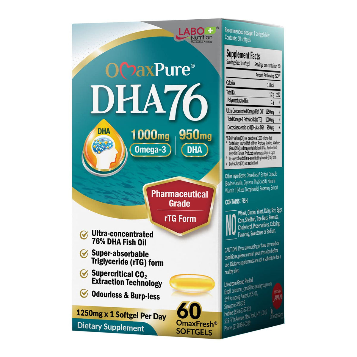 LABO Nutrition OmaxPure DHA76 bottle with softgels supports heart and brain health.