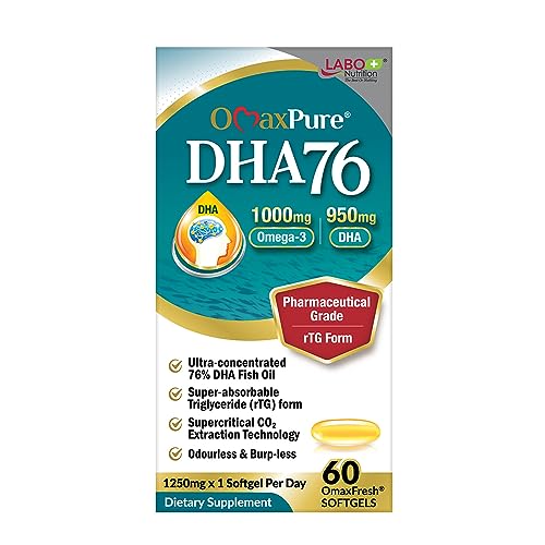 LABO Nutrition OmaxPure DHA76 softgels close-up highlights high DHA content for daily wellness.