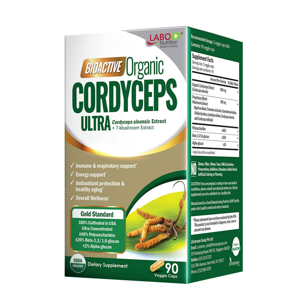 LABO Nutrition Bioactive Cordyceps Ultra bottle close-up showing premium extract for daily vitality