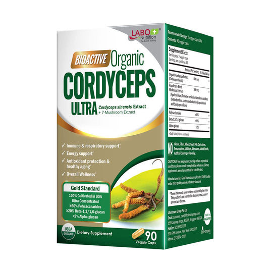 LABO Nutrition Bioactive Cordyceps Ultra bottle close-up showing premium extract for daily vitality