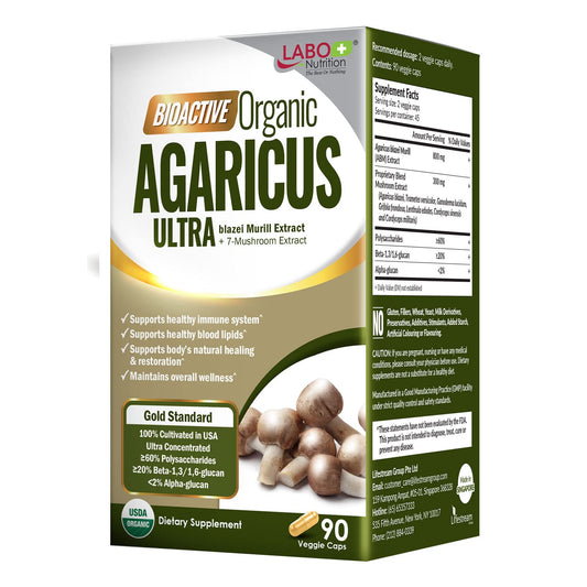 LABO Nutrition Bioactive Organic Agaricus Ultra bottle with seven-mushroom blend for daily wellness support.