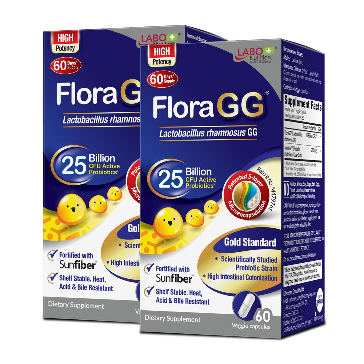 LABO Nutrition FloraGG bottle front view with clear labeling for daily use