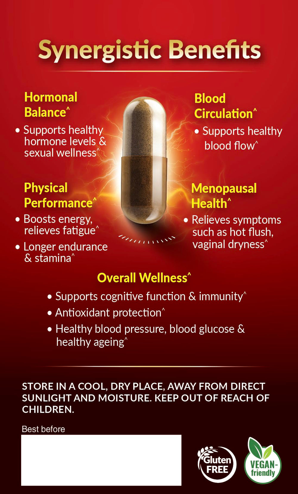MacaMaxima bottle-label close-up features standardized maca and zinc blends.