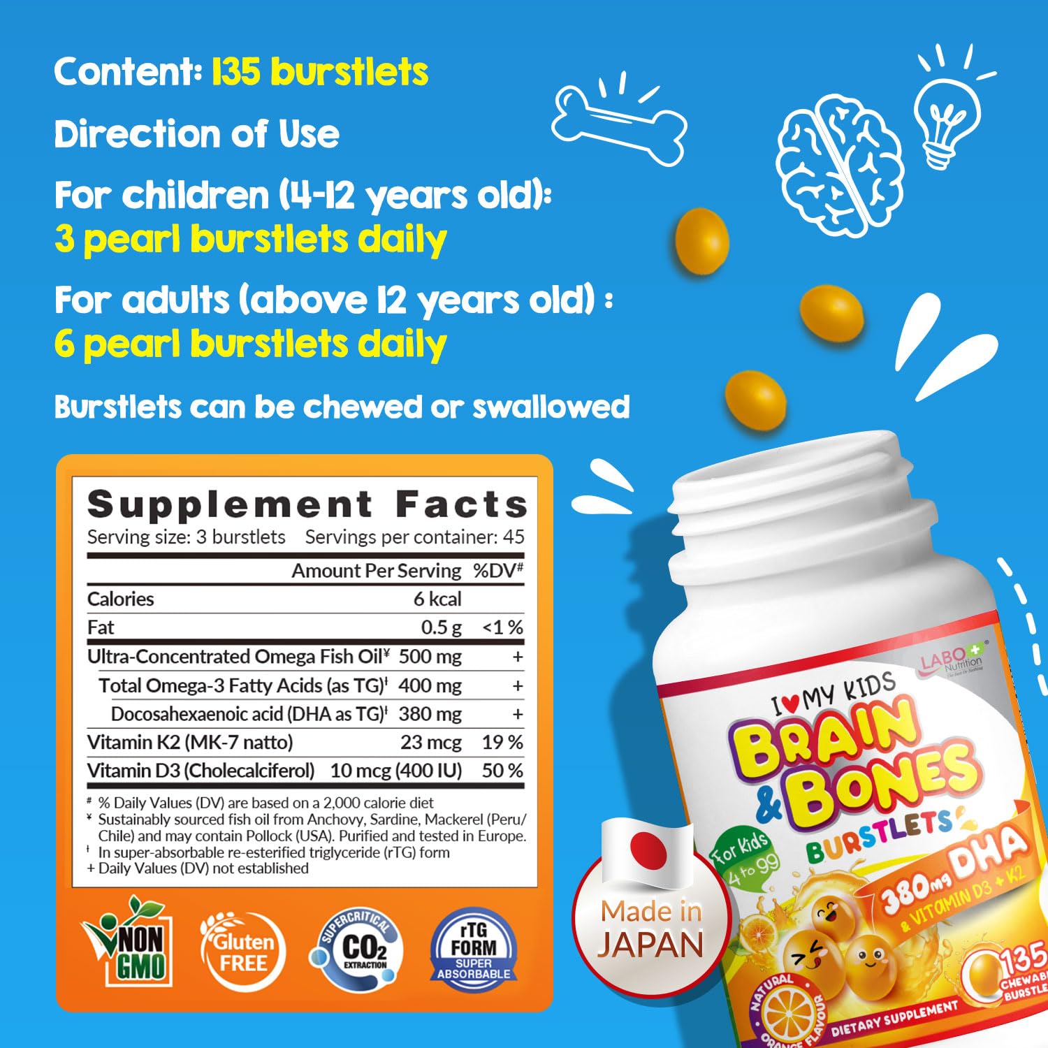 LABO Nutrition Burstlet ingredients scene showing DHA, D3, K2 support options for growth.