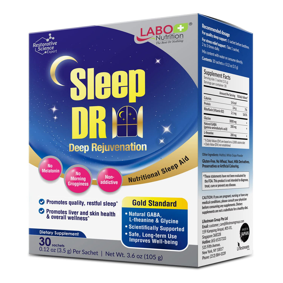 LABO Nutrition Sleep DR bottle on a nightstand supports a calm pre-sleep routine.