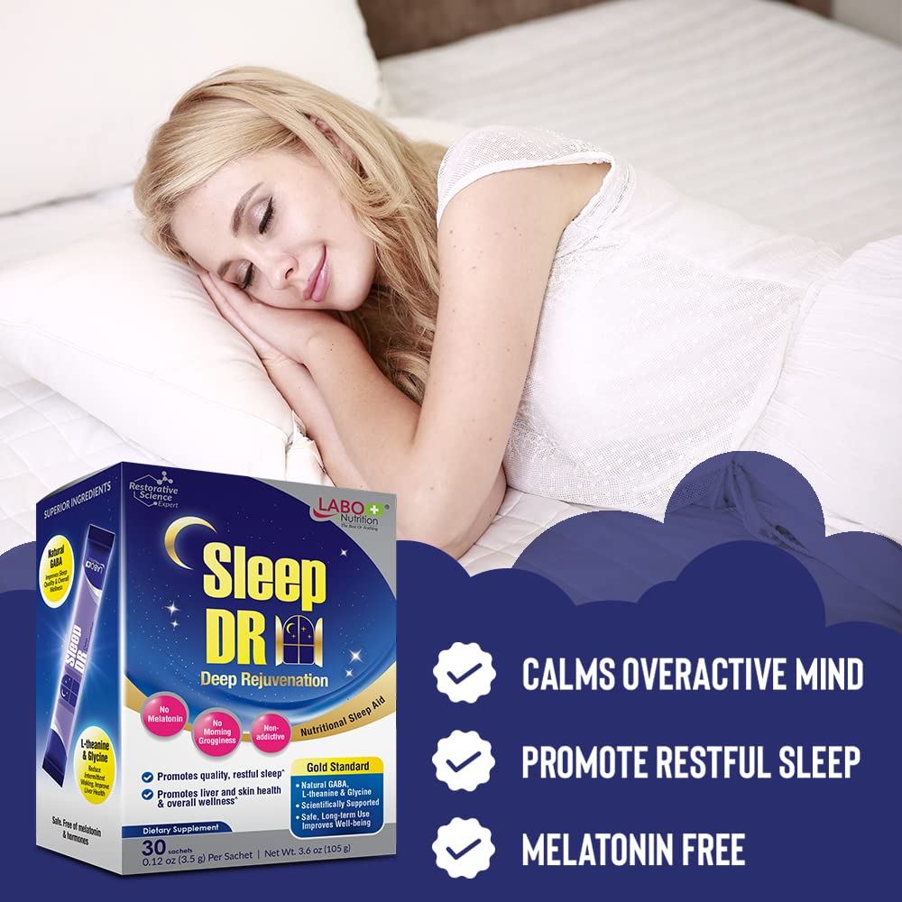 LABO Nutrition Sleep DR pouring powder into a glass for a relaxing bedtime ritual.
