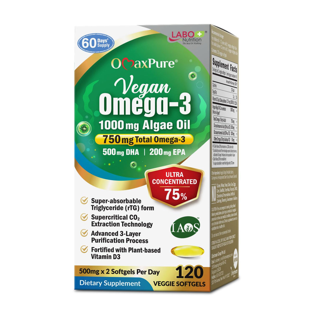 LABO Nutrition vegan omega-3 algae oil bottle, fish-free source supporting heart and brain health