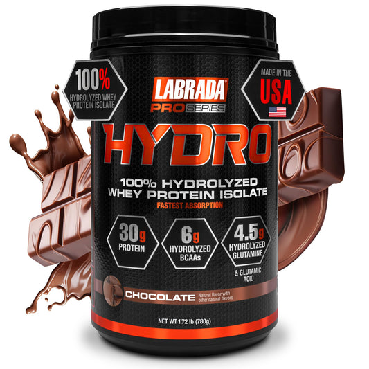 Labrada Hydro 100 bottle highlighting fast-absorbing hydrolyzed whey.