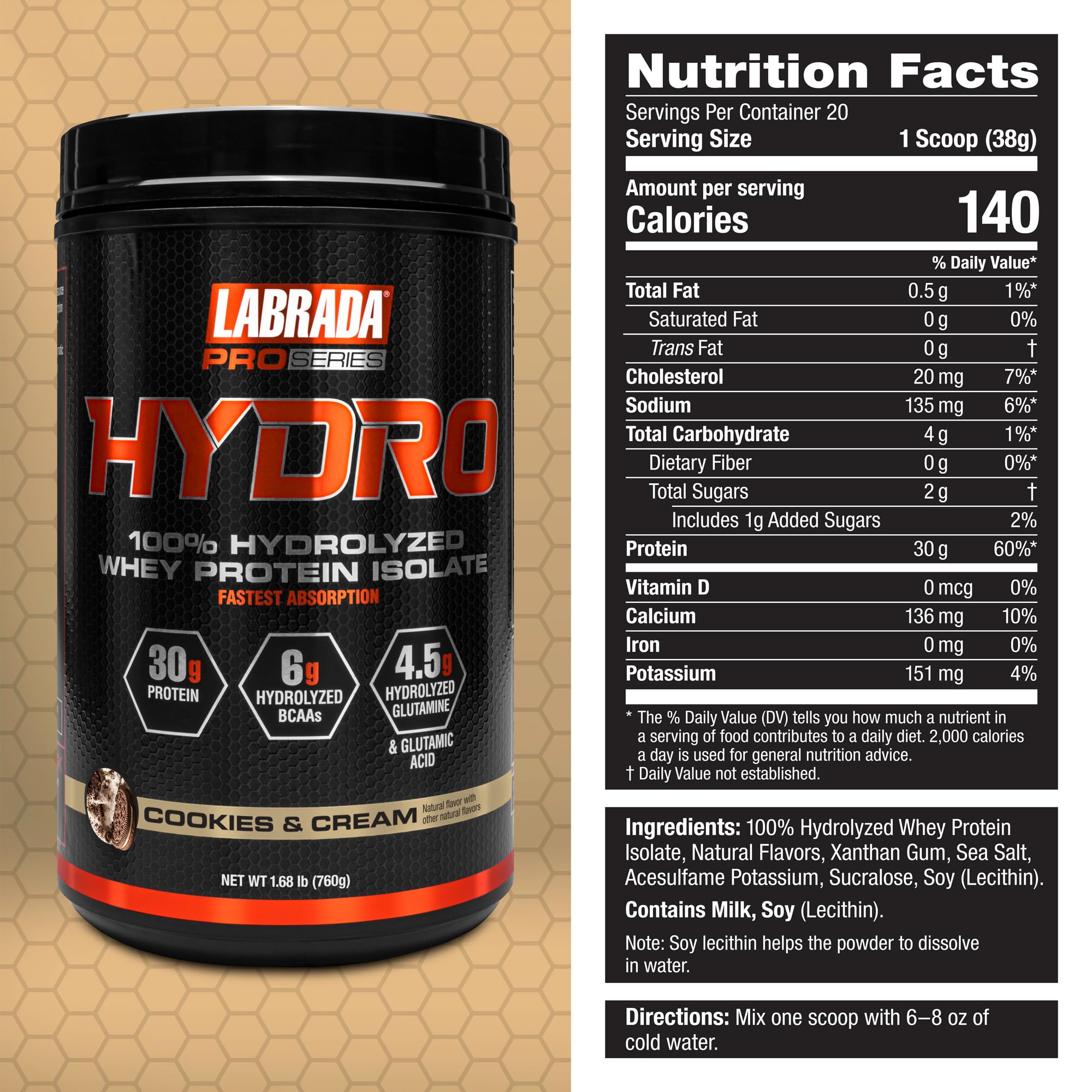 Labrada Hydro cookies-cream label highlights lactose-free formula and high protein promise.